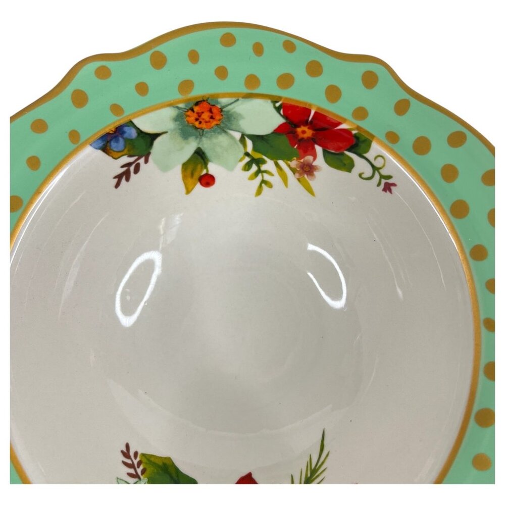 The Pioneer Woman Holiday Charm Stoneware Bowl 8” Scalloped Rim Polka Dot Floral - Picture 3 of 8